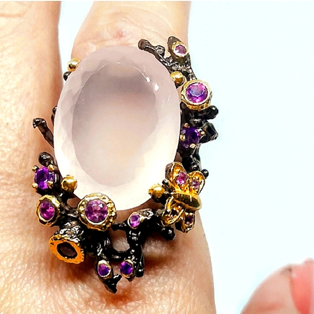 SOLDBlush Rose Quartz and Amethyst Silver Ring